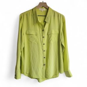 100% Silk Chartreuse Green Button Up Blouse Turo Vince Camuto L